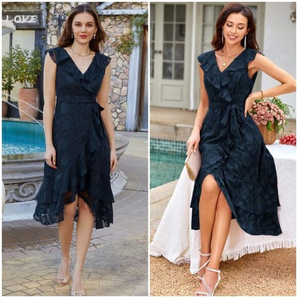 Grace Karin Womens S Dark Blue Floral Faux Wrap Ruffle Sleeveless High Low Dress - Picture 1 of 16